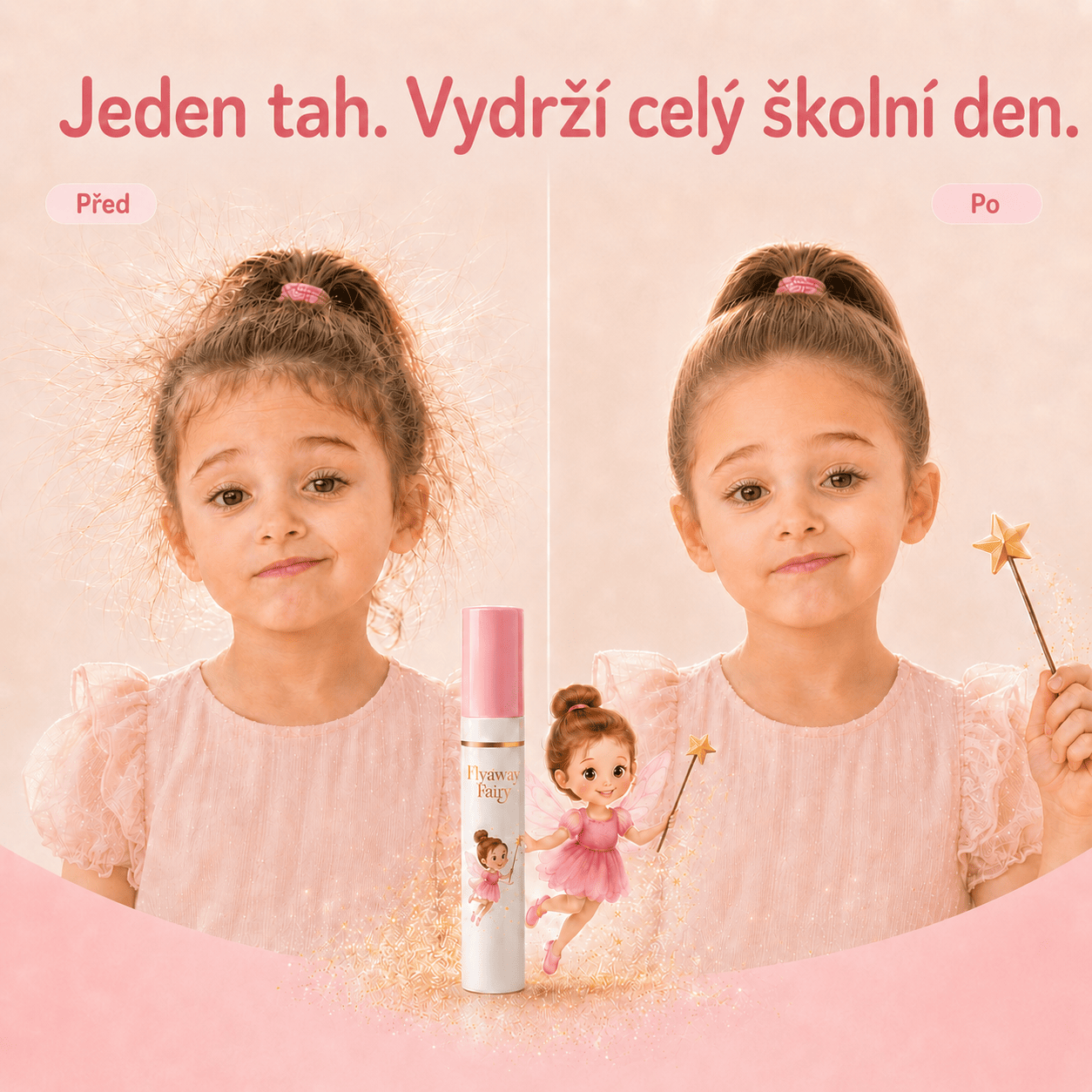 Před a po použití Flyaway Fairy: trčící vlásky a potom hladký upravený culík