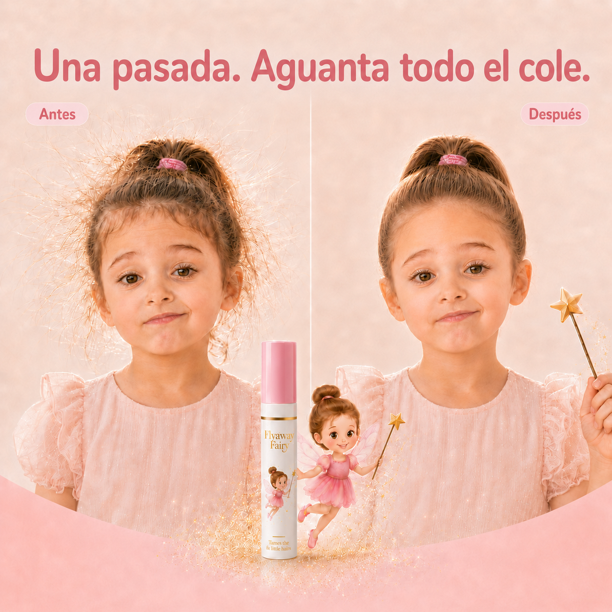 Antes y después de Flyaway Fairy: pelitos levantados y luego una coleta lisa y ordenada