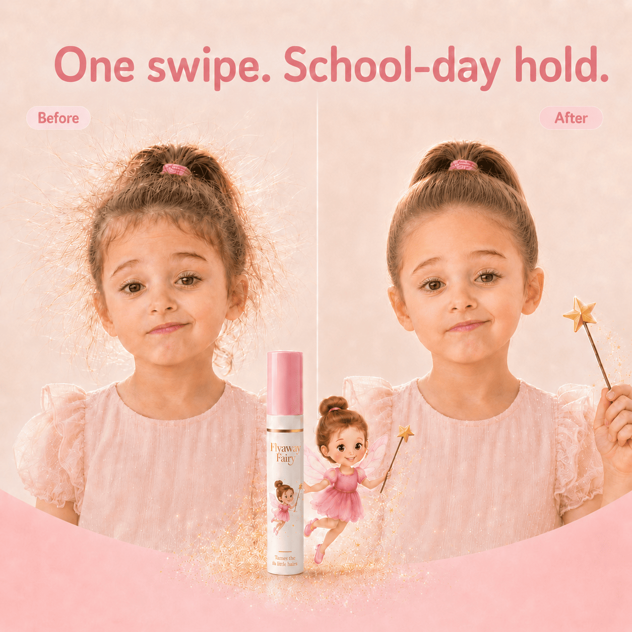 Before and after using Flyaway Fairy: flyaway hairs standing up, then a smooth neat ponytail
