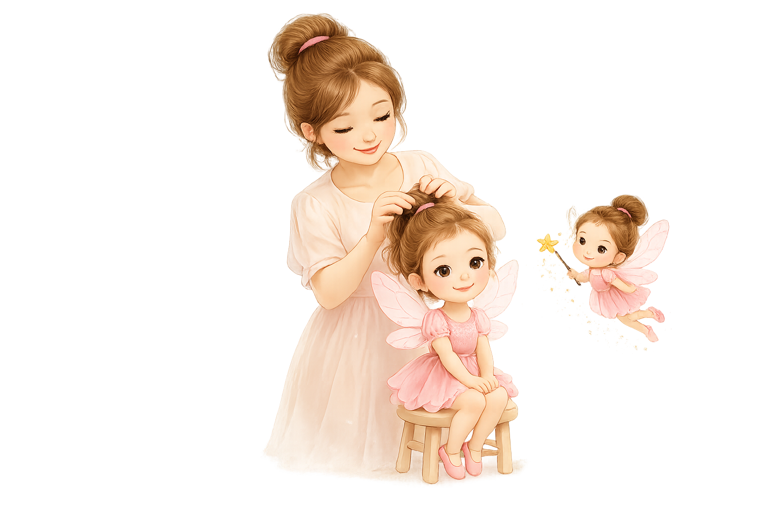 A mother tying her daughter's ponytail while the Flyaway Fairy watches