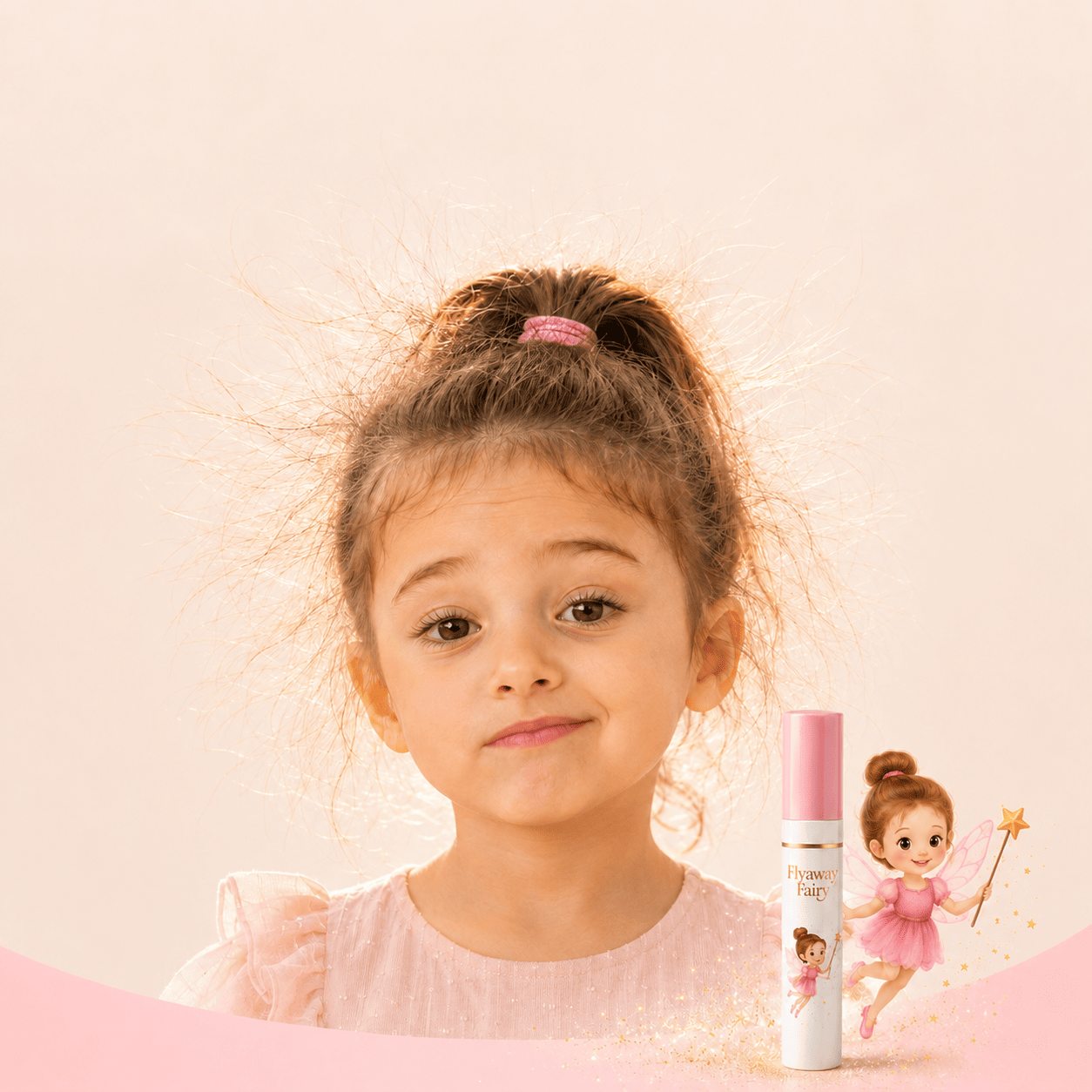 Little girl with a ponytail and fine flyaway baby hairs standing up around her hairline